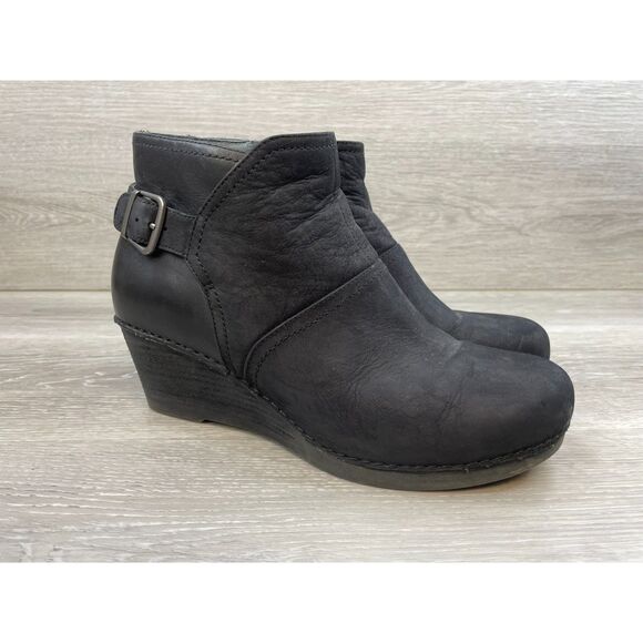 Dansko Shirley Women's Bootie Ankle Wedge Heeled Boot Leather 10.5 Black Shoes - Picture 1 of 12